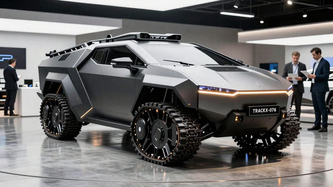 Veículo futurista preto com aparência robusta e rodas com esteiras exposto numa feira automóvel.