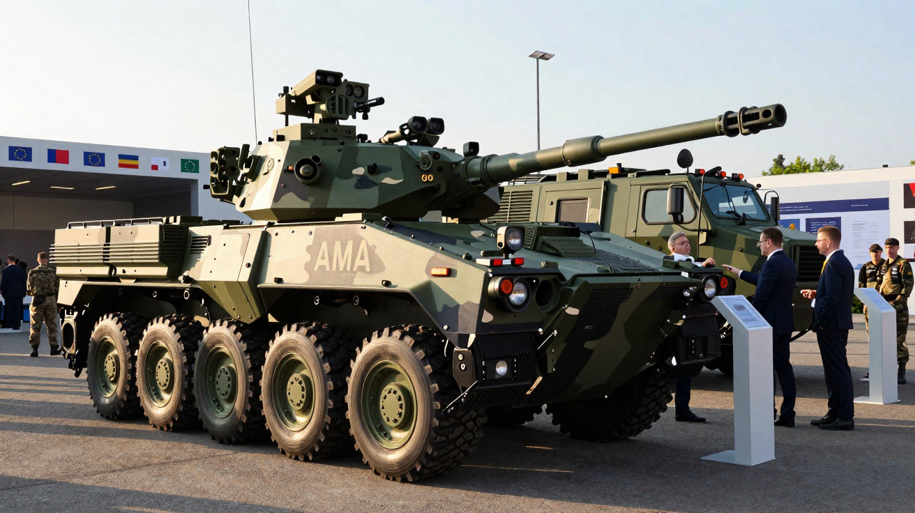 Blindado militar de oito rodas com canhão e camuflagem verde exposto em evento ao ar livre.