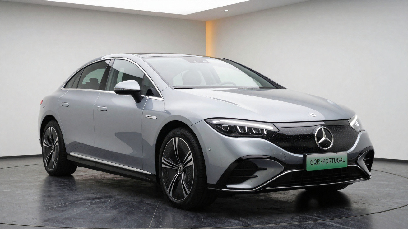 Carro elétrico Mercedes-Benz EQE cinzento, visto de frente e lado direito, em ambiente minimalista interior.