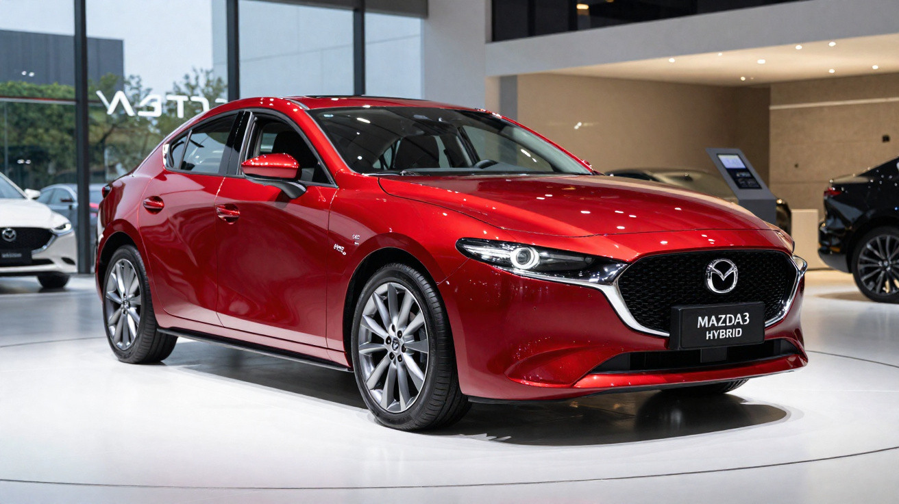 Carro Mazda3 Hybrid vermelho estacionado em exposição num salão automóvel moderno.
