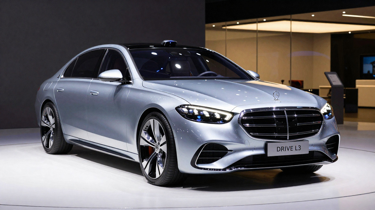 Carro Mercedes-Benz Drive L3 prata exposto em sala moderna com iluminação focada.