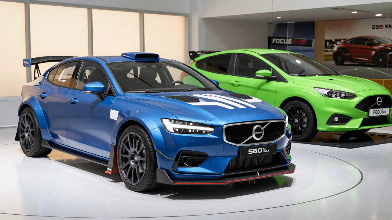 Carro desportivo azul Volvo S60 e carro verde Ford Focus expostos em salão automóvel.