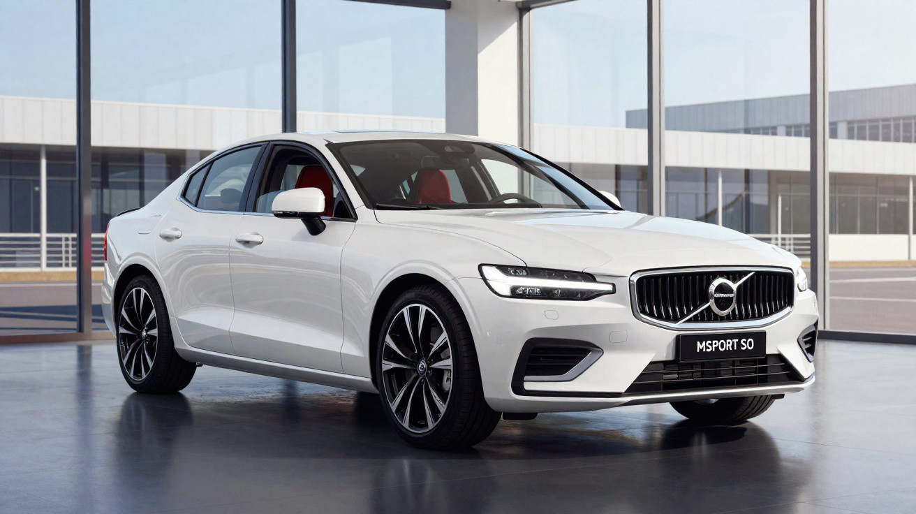 Carro Volvo sedan branco com interior vermelho, estacionado em sala de exposição com janelas grandes de vidro.