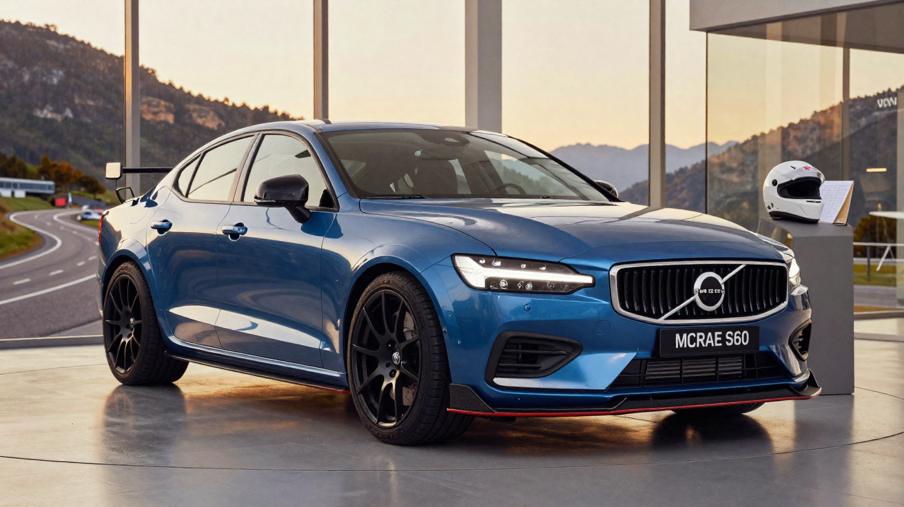 Carro desportivo azul Volvo McRae S60 estacionado em showroom com capacete branco ao lado.