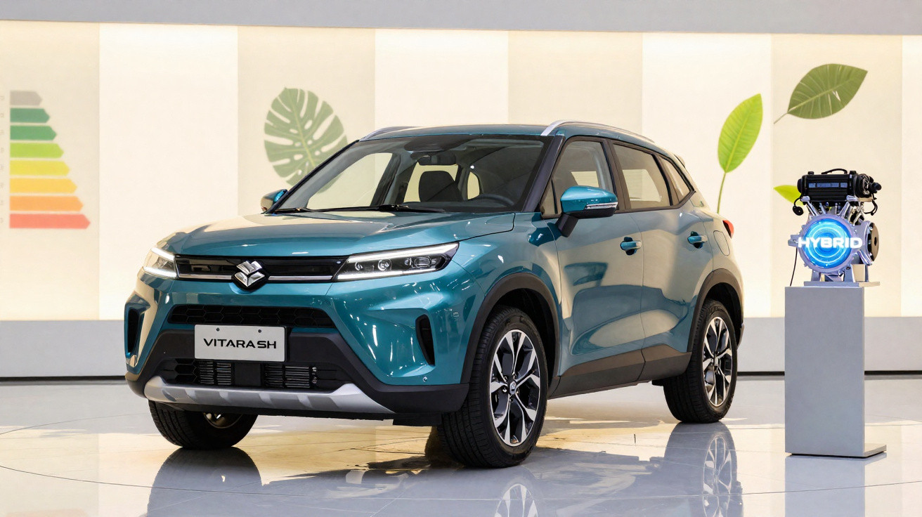 Carro SUV Suzuki Vitara SH azul com motor híbrido em exposição, fundo com folhas verdes e gráfico de energia.
