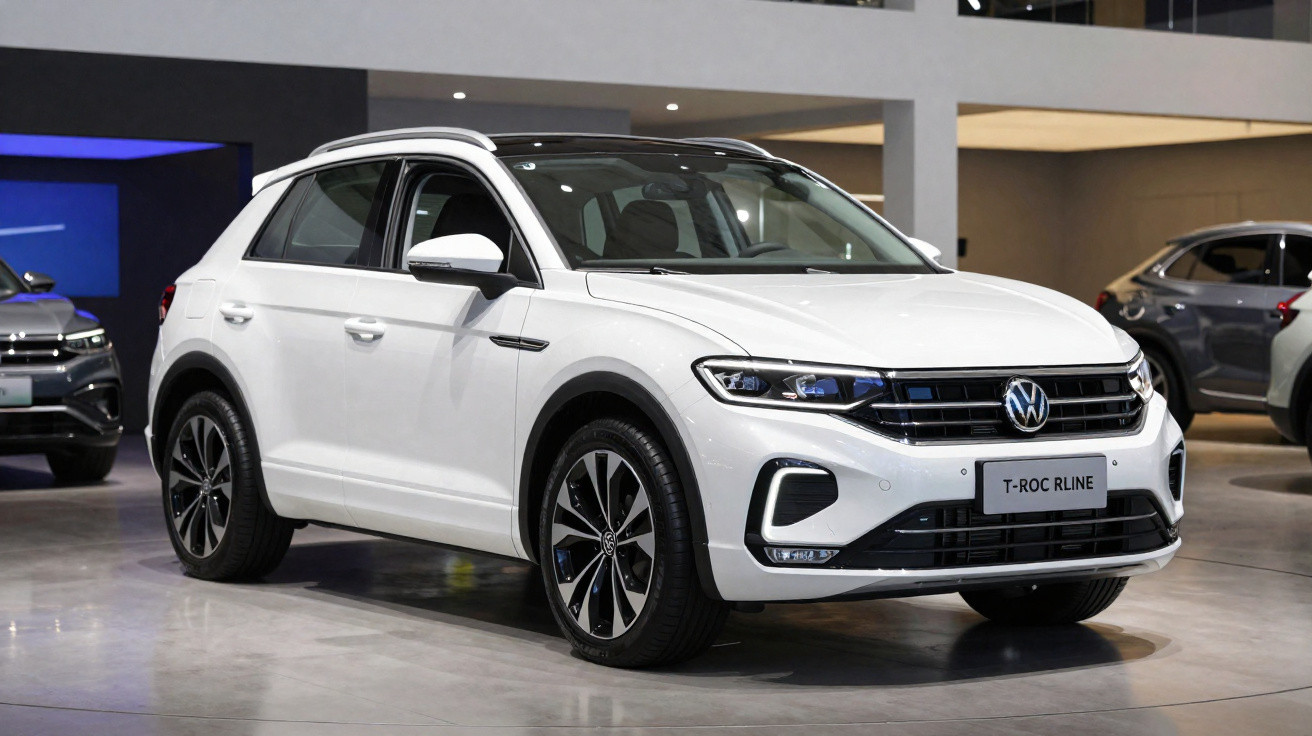 Automóvel branco Volkswagen T-Roc R-Line exposto em salão automóvel moderno.