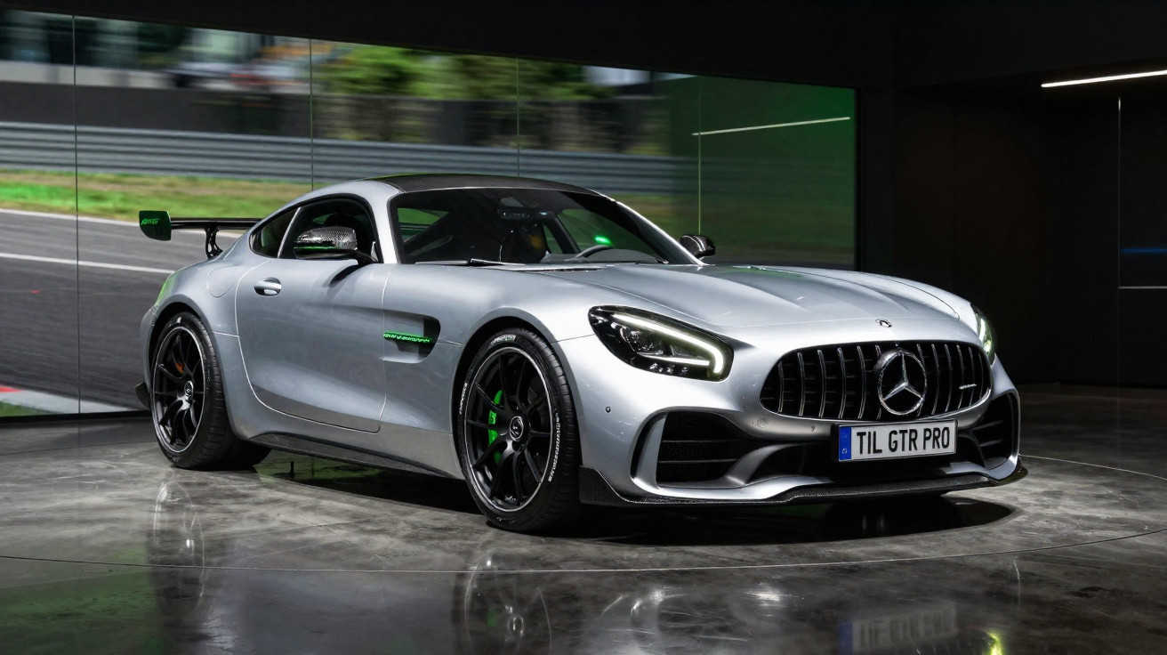 Carro desportivo Mercedes-Benz AMG GT R Pro cinzento estacionado com iluminação artificial em fundo escuro.