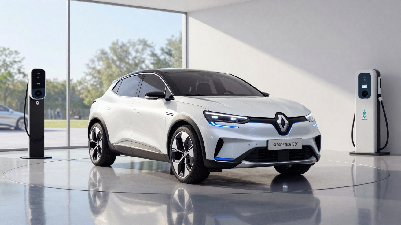 Carro elétrico Renault Scenic Vision PHEV branco num showroom moderno com carregadores elétricos ao fundo.