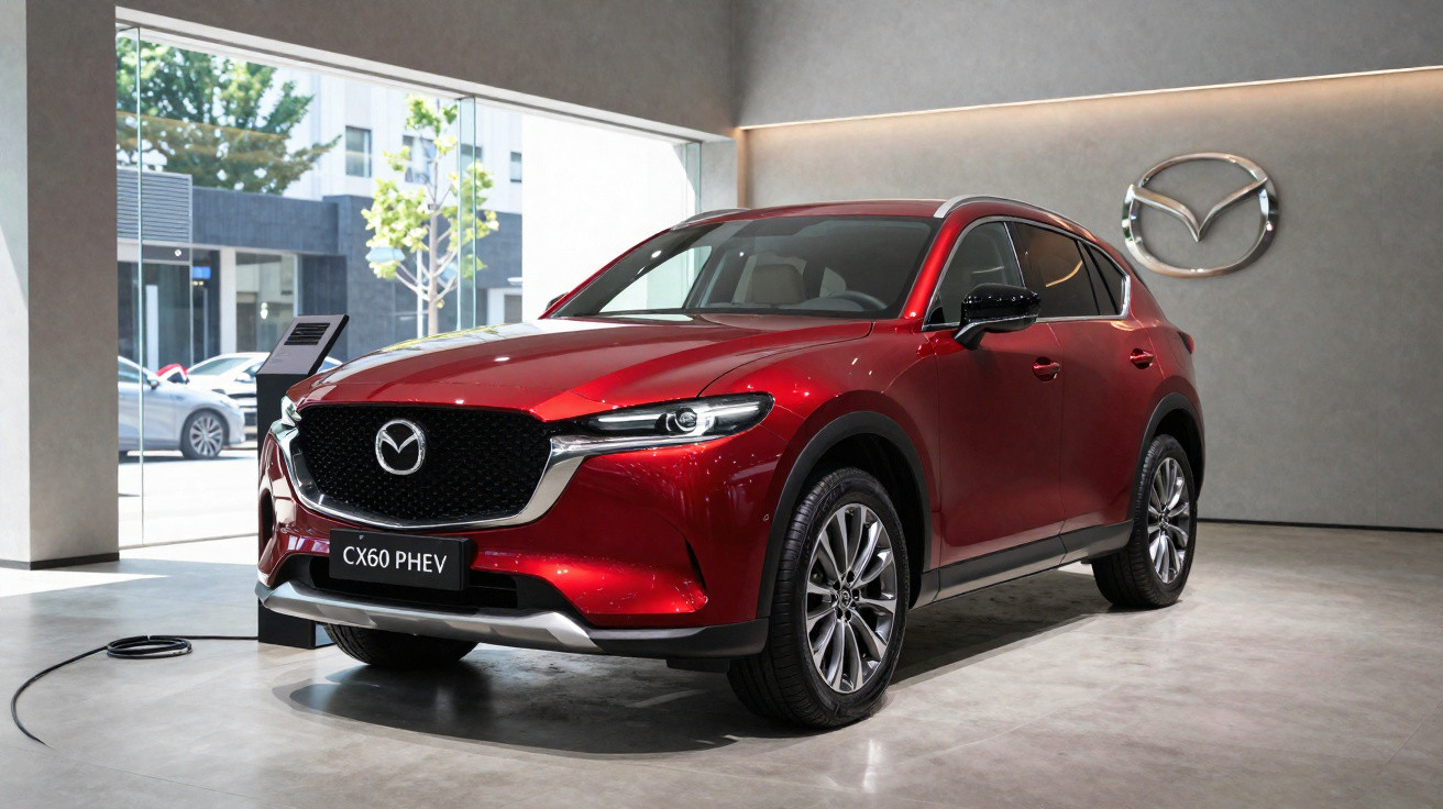Carro Mazda CX60 PHEV vermelho em exposição numa sala moderna com logótipo Mazda na parede cinzenta.