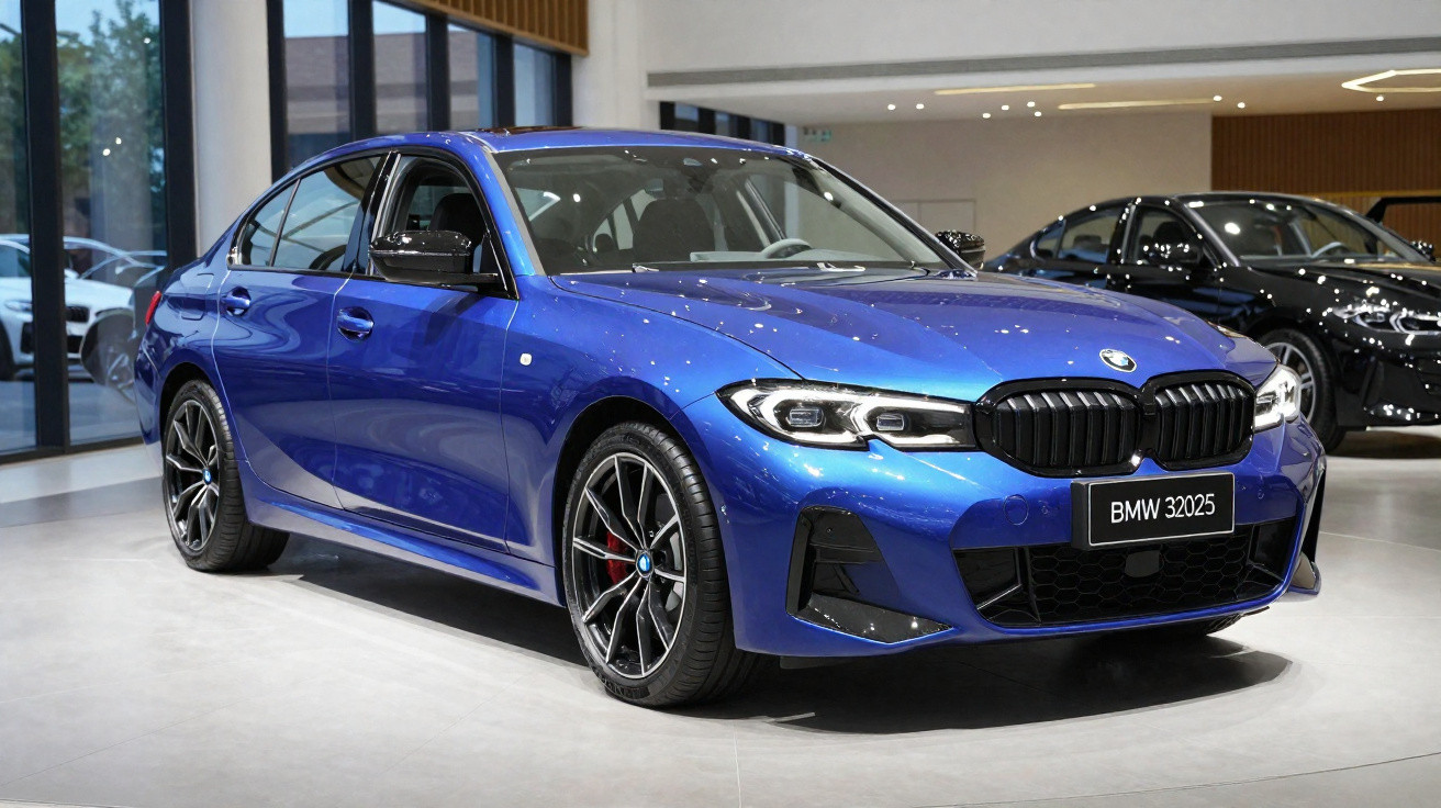 Carro BMW 32025 azul metálico exposto num salão moderno com janelas grandes e outro carro preto ao fundo.