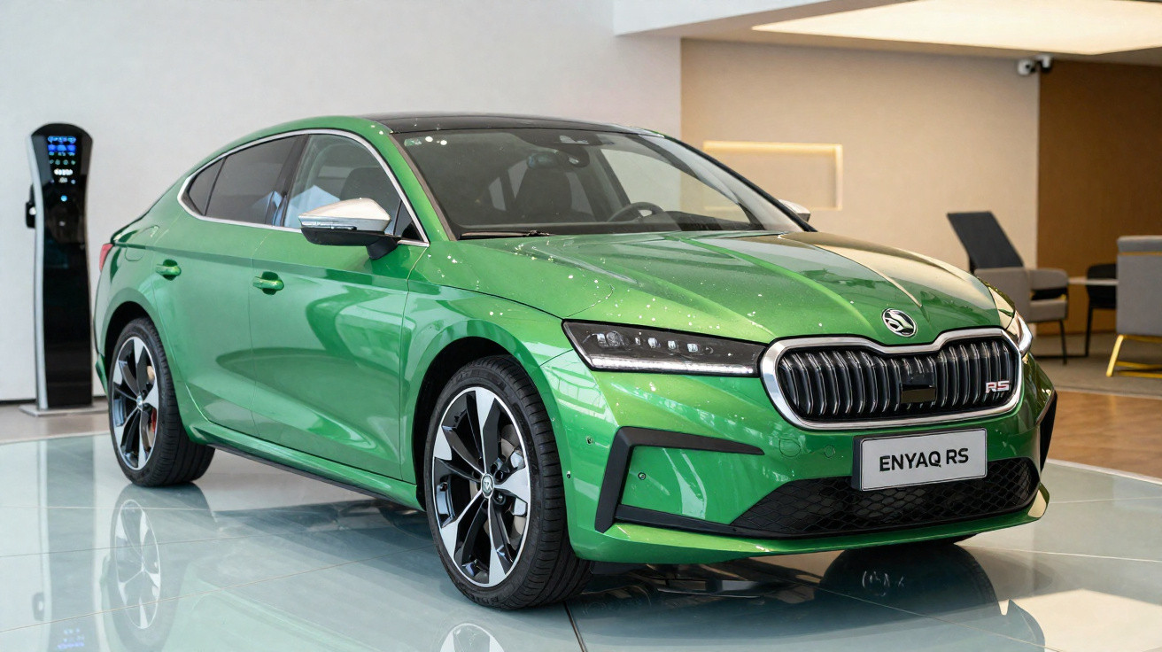 Carro elétrico Škoda Enyaq RS verde exposto em showroom moderno com estação de carregamento ao fundo.
