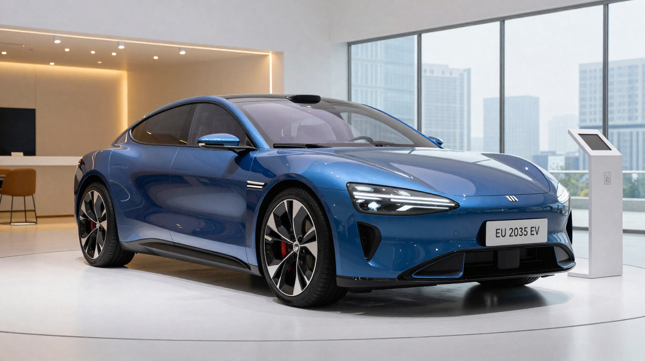 Carro elétrico desportivo azul num showroom moderno com janelas grandes e iluminação suave.