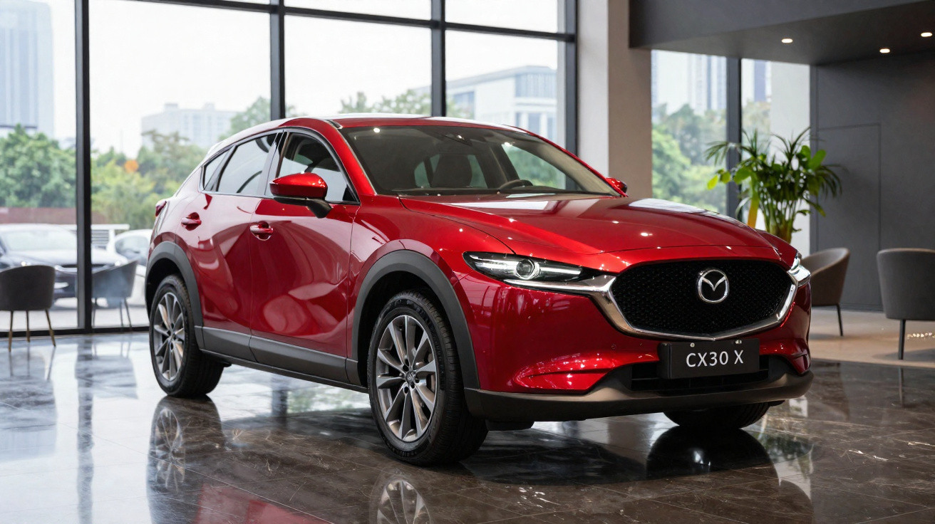 Carro Mazda CX-30 X vermelho em exposição num salão com chão brilhante e grandes janelas.