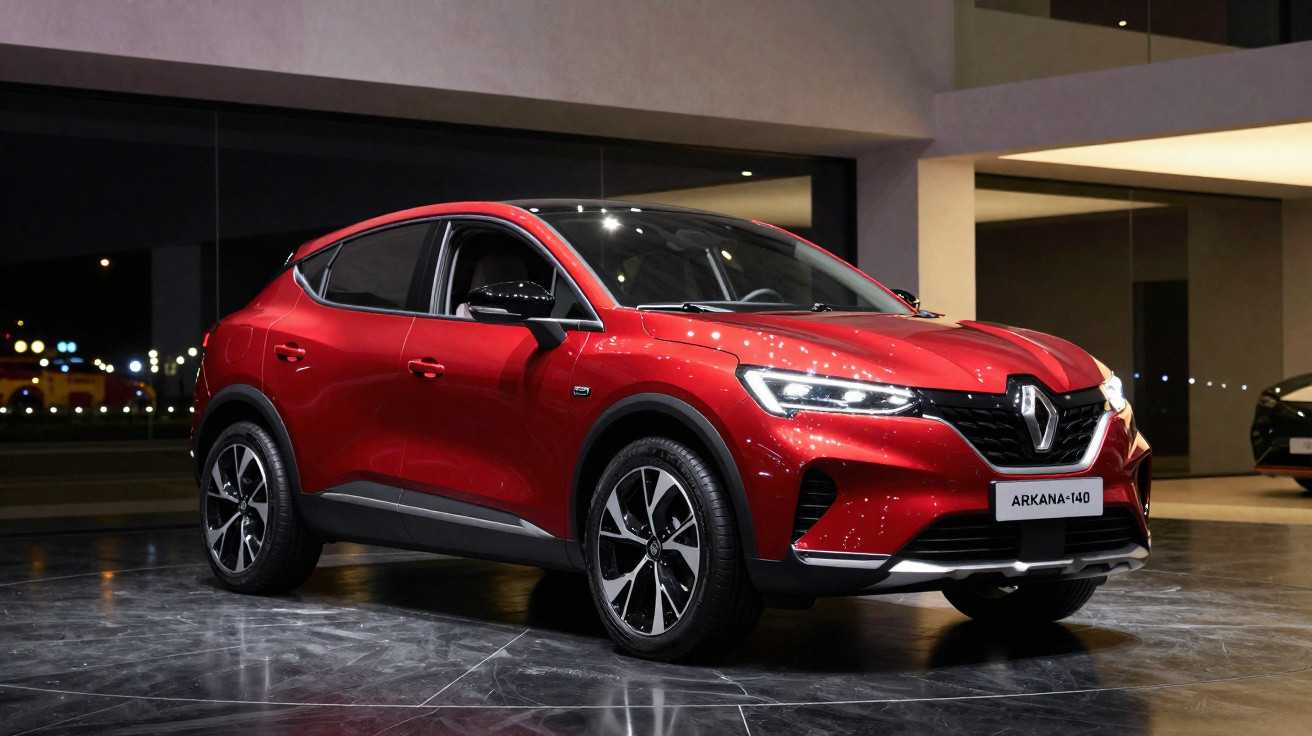 Carro SUV Renault Arkana vermelho brilhante estacionado em ambiente interno moderno durante a noite.