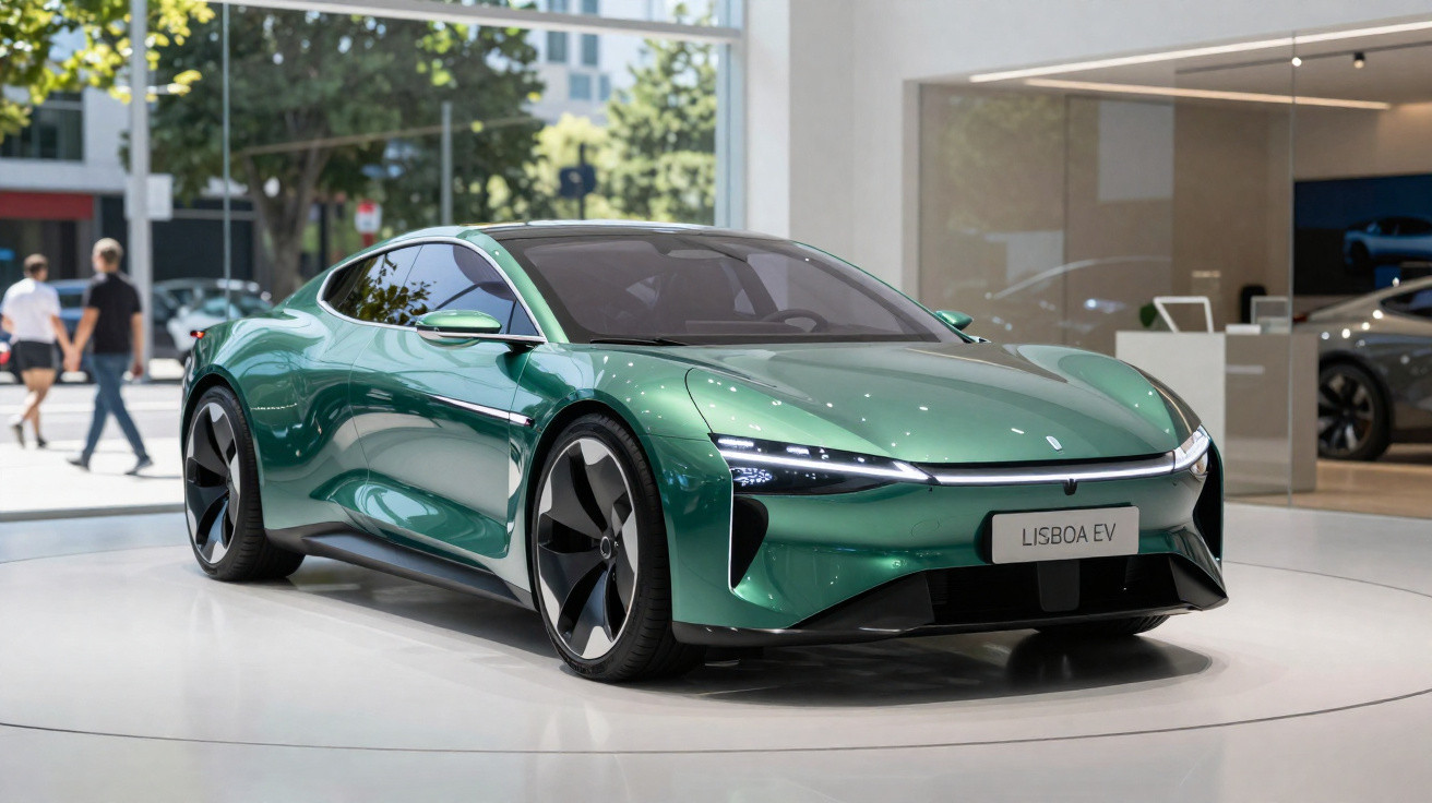 Carro elétrico desportivo verde metálico com design futurista exposto em showroom moderno.