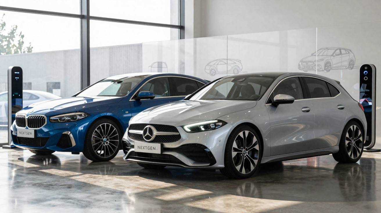 Dois carros modernos estacionados em interior, um Mercedes prata e um BMW azul, ambos com placas NEXTGEN.
