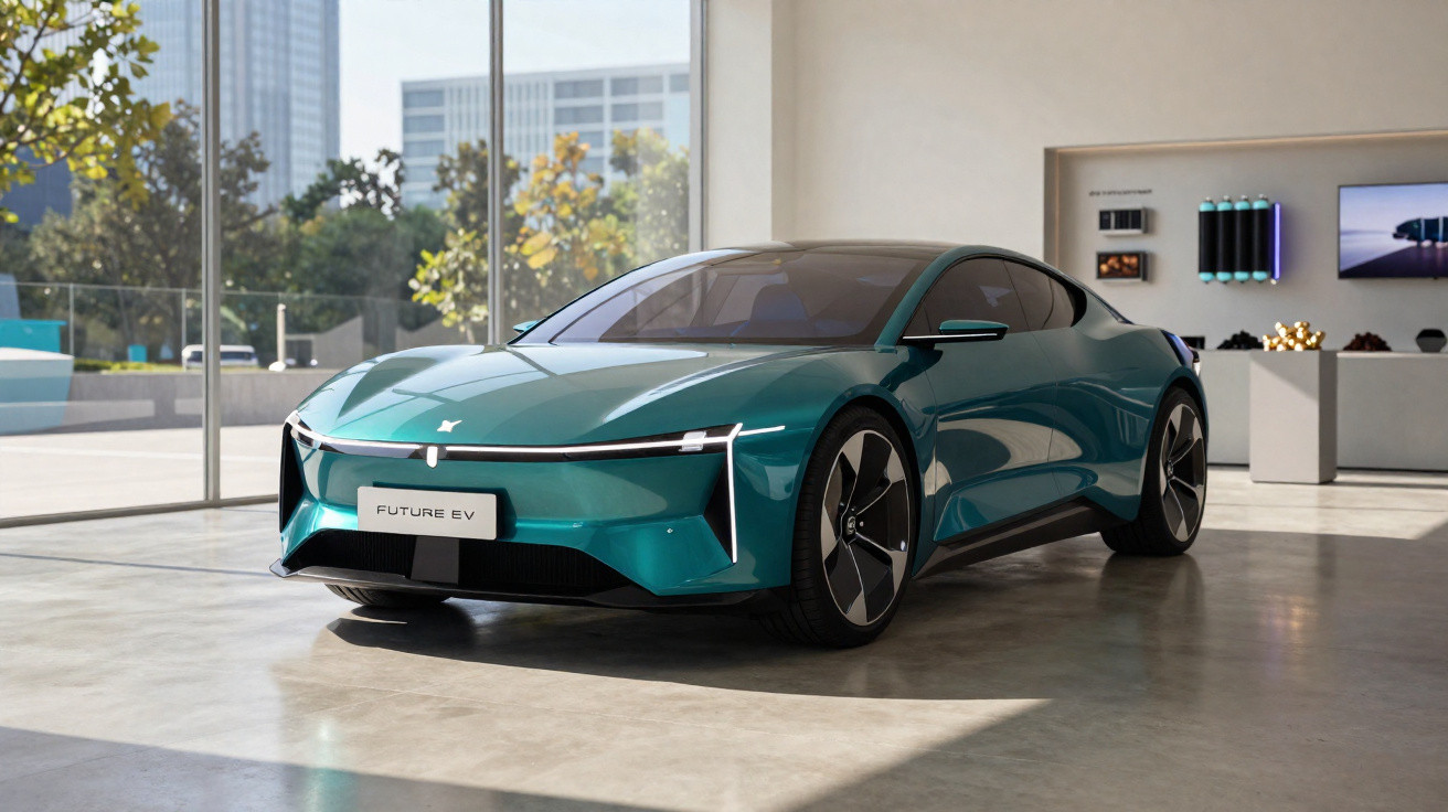 Carro elétrico futurista azul com design elegante em exposição numa sala moderna com janelas grandes.