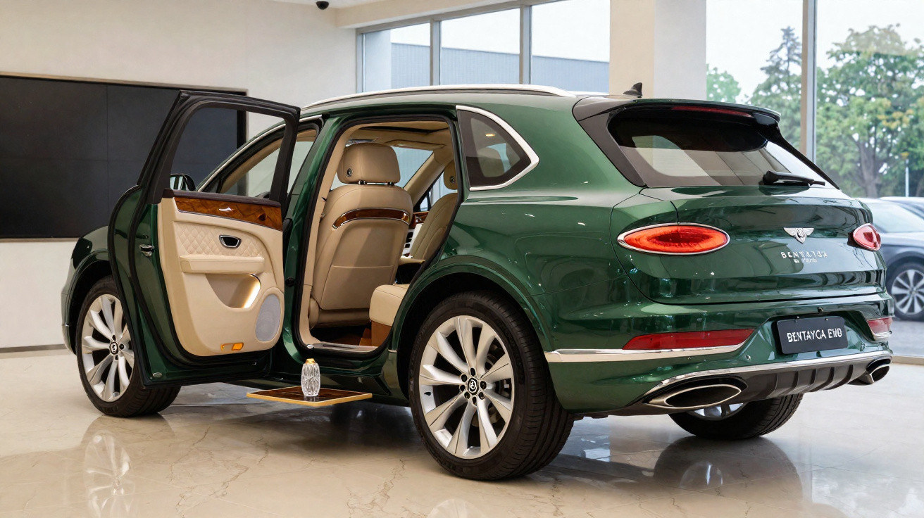 Bentley Bentayga EWB verde com porta traseira aberta mostrando interior luxuoso bege num showroom.
