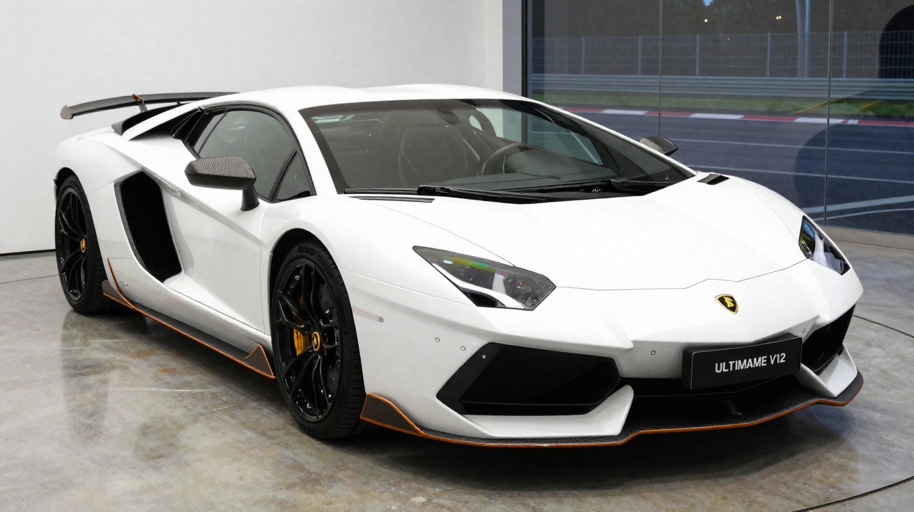 Carro desportivo Lamborghini branco estacionado em piso refletor com jantes pretas e detalhes laranja.