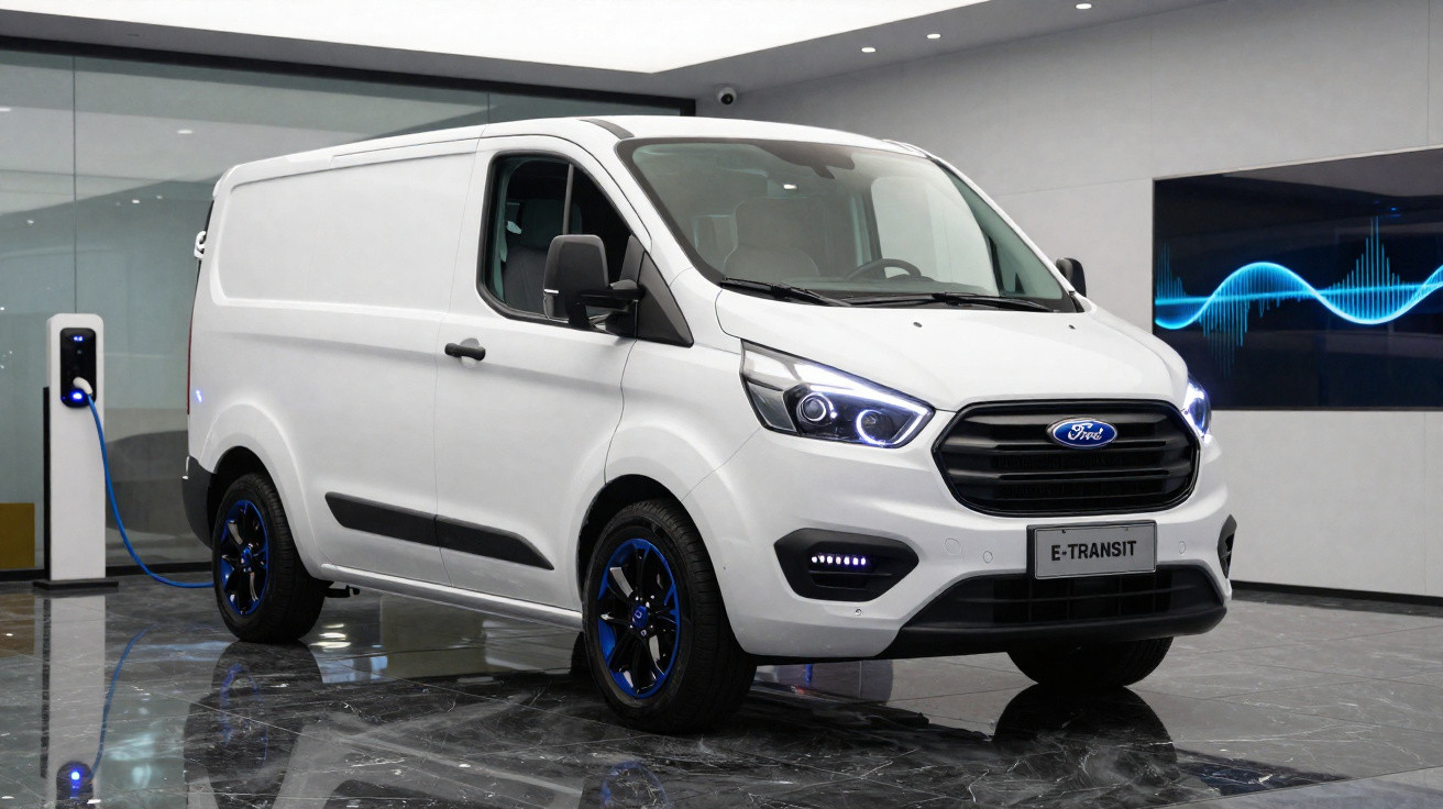 Carrinha elétrica branca Ford E-Transit a carregar numa estação de carregamento interior.