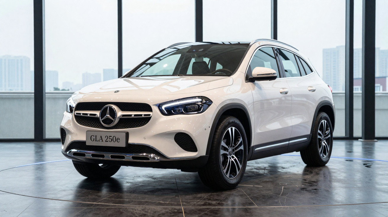 Carro Mercedes-Benz GLA 250e branco estacionado em espaço interior com janelas amplas.