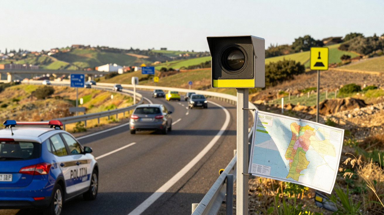 Radar fixo junto a estrada com carros em movimento e viatura da polícia estacionada ao lado.