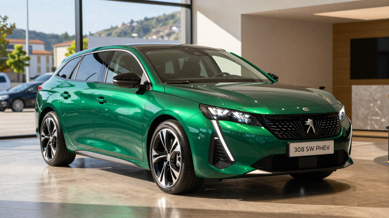 Peugeot 308 SW PHEV verde estacionado em interior com janelas grandes e luz natural.