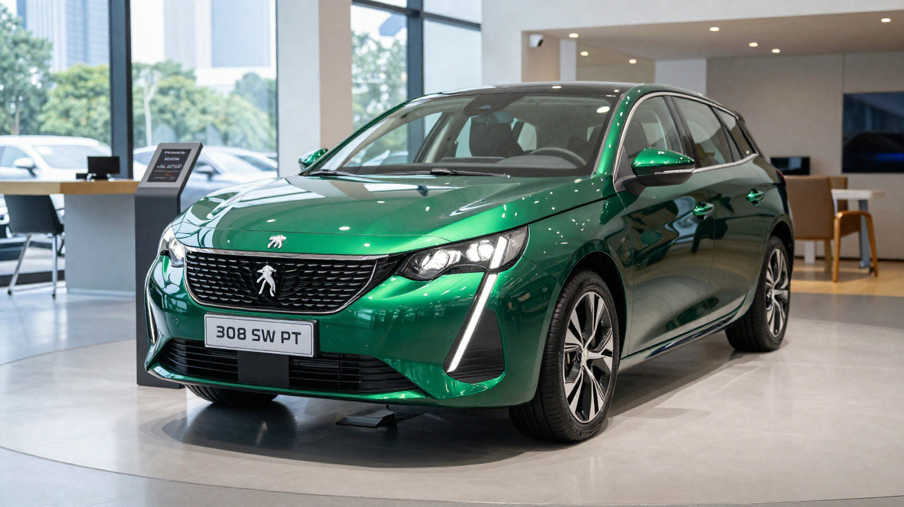 Automóvel familiar verde Peugeot 308 SW PT exposto em salão moderno com janelas grandes.
