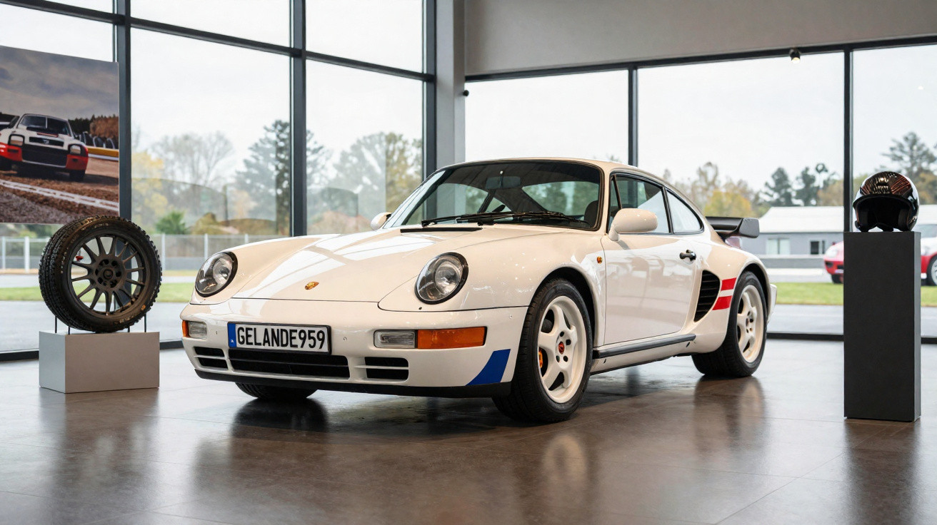Carro clássico Porsche 959 branco em exposição numa sala moderna com janelas amplas e objetos automóveis.