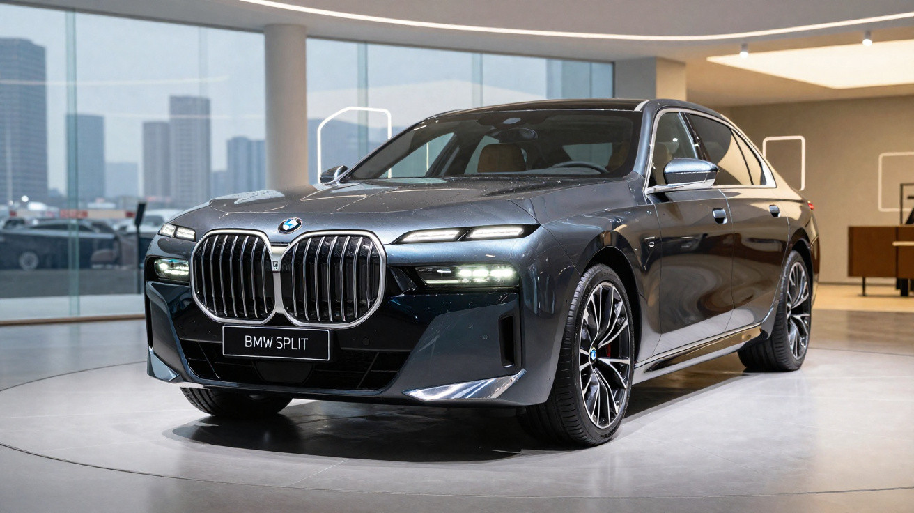 Carro BMW cinzento escuro estacionado em showroom moderno com faróis ligados e grelha dianteira proeminente.