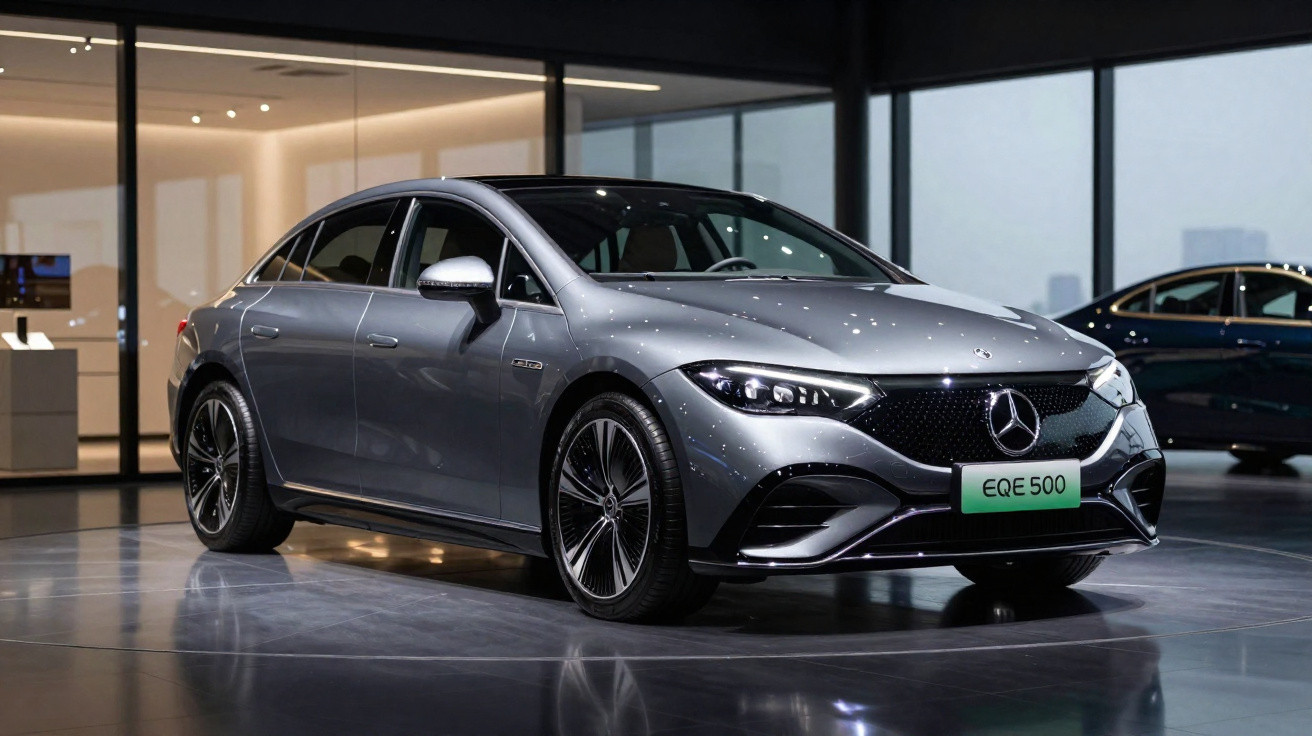 Mercedes-Benz EQE 500 cinza estacionado em showroom moderno com vidro e iluminação suave.
