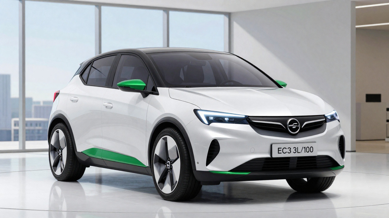 Carro elétrico branco com detalhes verdes, modelo Opel EC3, em ambiente interior moderno e luminoso.