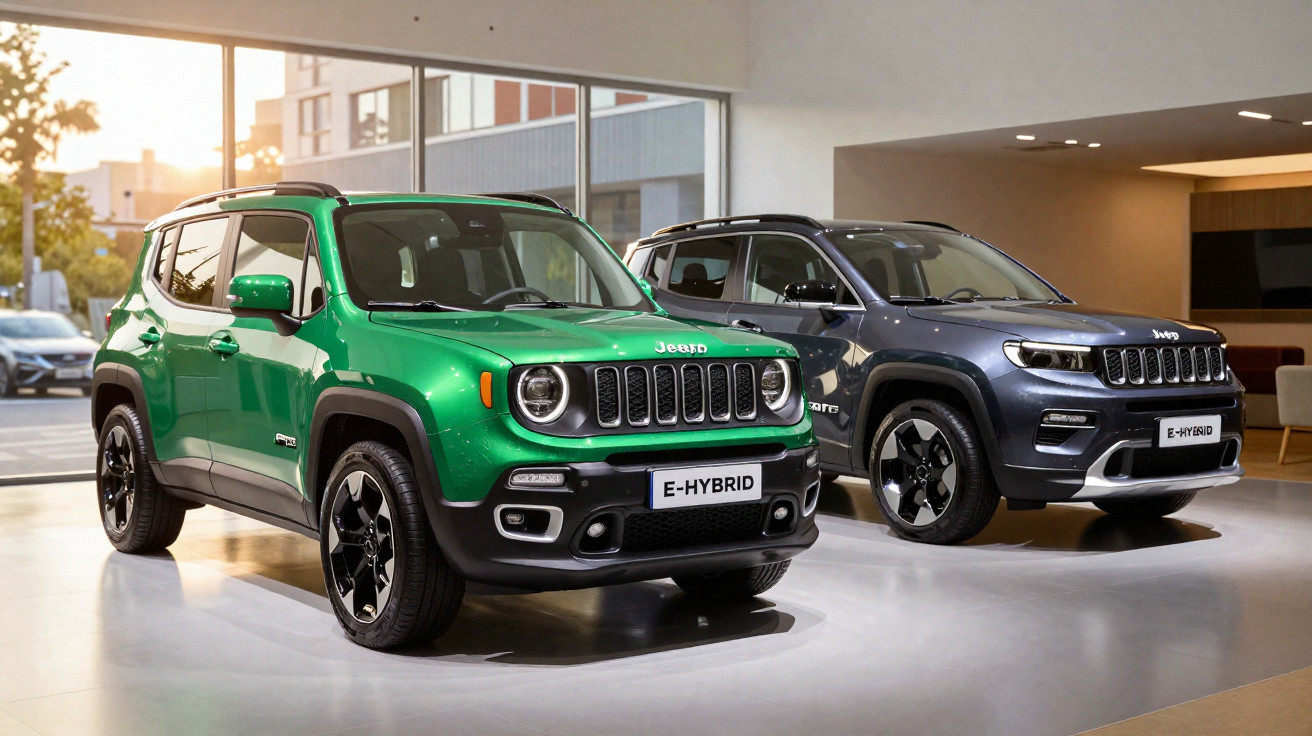 Dois carros Jeep E-Hybrid em exposição, um verde e outro cinzento, num interior moderno e iluminado.
