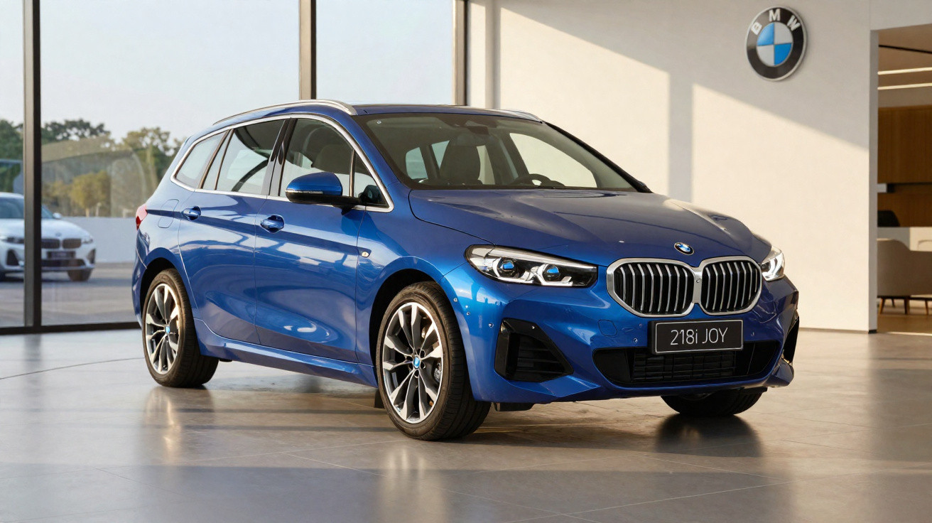 Carro BMW 218i Joy azul estacionado no interior de um showroom moderno e iluminado.