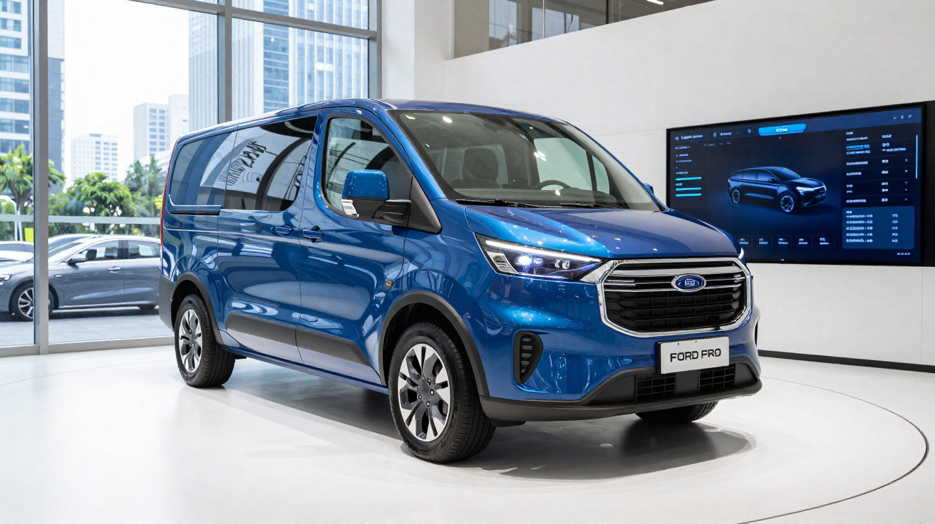 Carrinha Ford Pro azul num interior moderno com janelas grandes e um ecrã digital ao fundo.