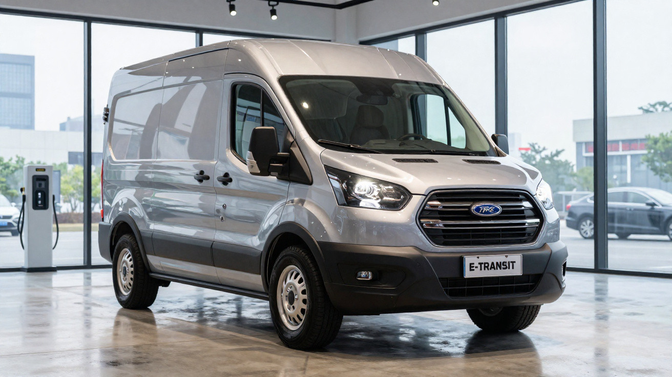 Carrinha elétrica Ford E-Transit prata estacionada dentro de um showroom moderno com grandes janelas.