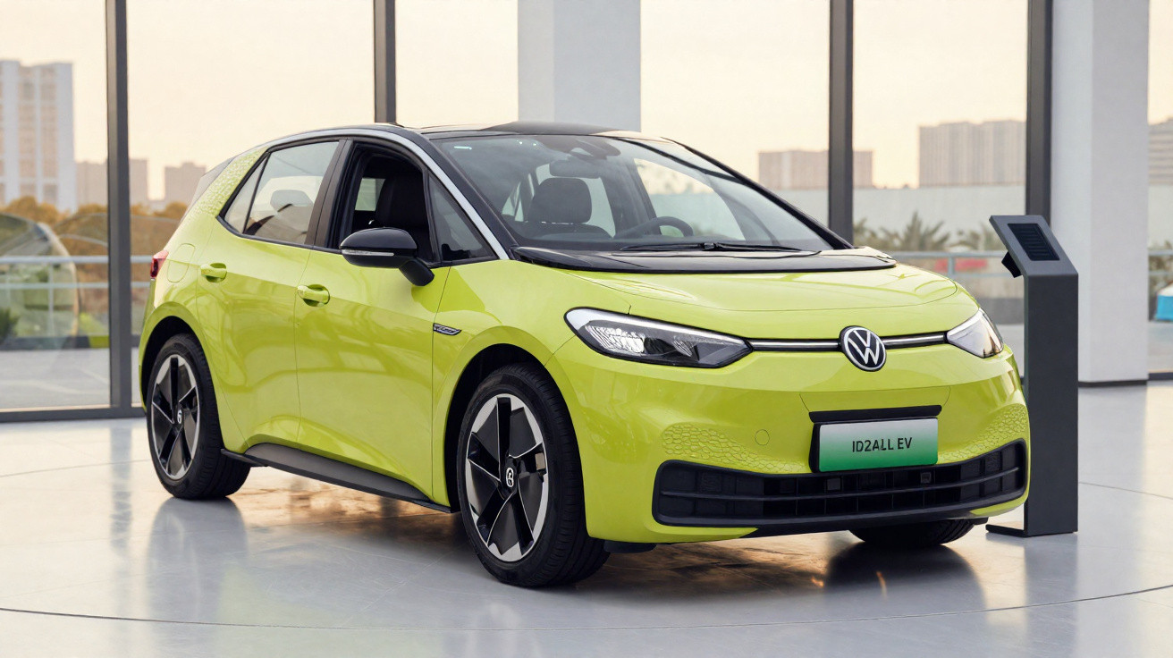 Carro elétrico Volkswagen ID.2ALL EV verde lima estacionado em ambiente moderno e iluminado.