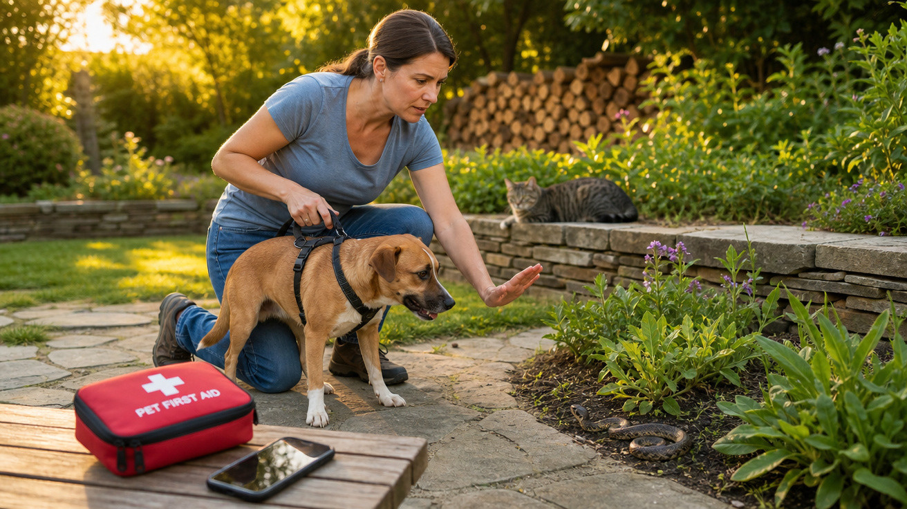 Mulher protege cão ao afastar cobra num jardim com kit de primeiros socorros para animais à vista.