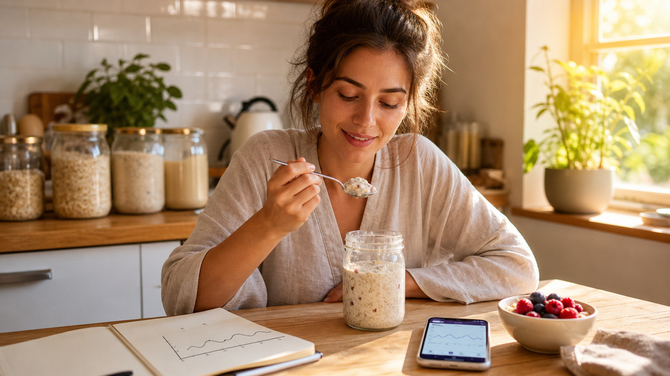 Mulher sorridente a comer aveia num frasco, numa cozinha iluminada, com smartphone, caderno e taça de frutos vermelhos na mes