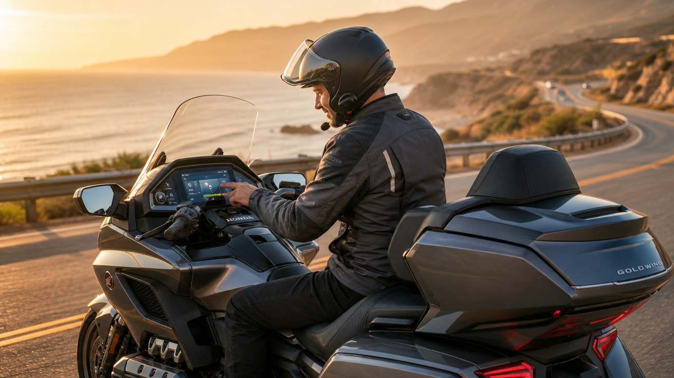 Homem de capacete interage com ecrã touchscreen da moto Honda Goldwing na estrada junto ao mar ao pôr do sol.