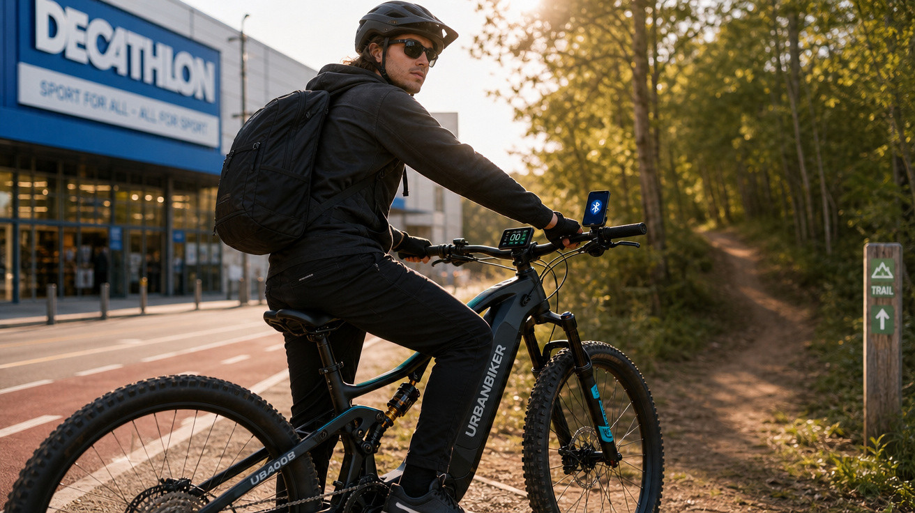 Homem com capacete numa bicicleta elétrica preta junto a loja Decathlon, prestes a entrar num trilho florestal.