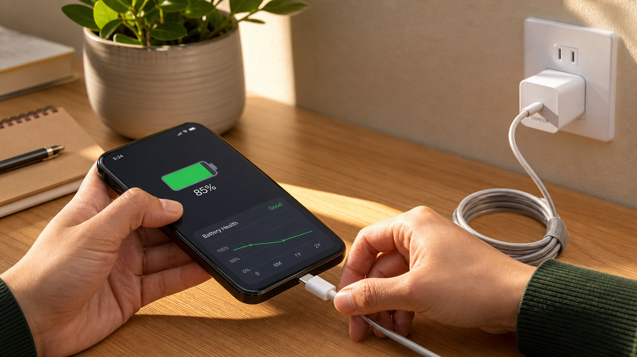 Pessoa a ligar cabo USB a smartphone com bateria a 85%, em secretária de madeira com planta e cadernos.