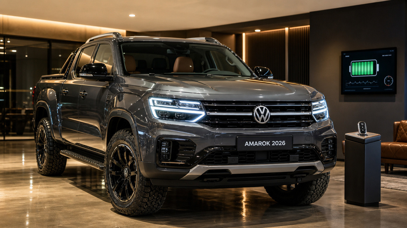 Pick-up Volkswagen Amarok 2026 cinzenta exibida em showrooms com faróis acesos e bateria em ecrã digital.