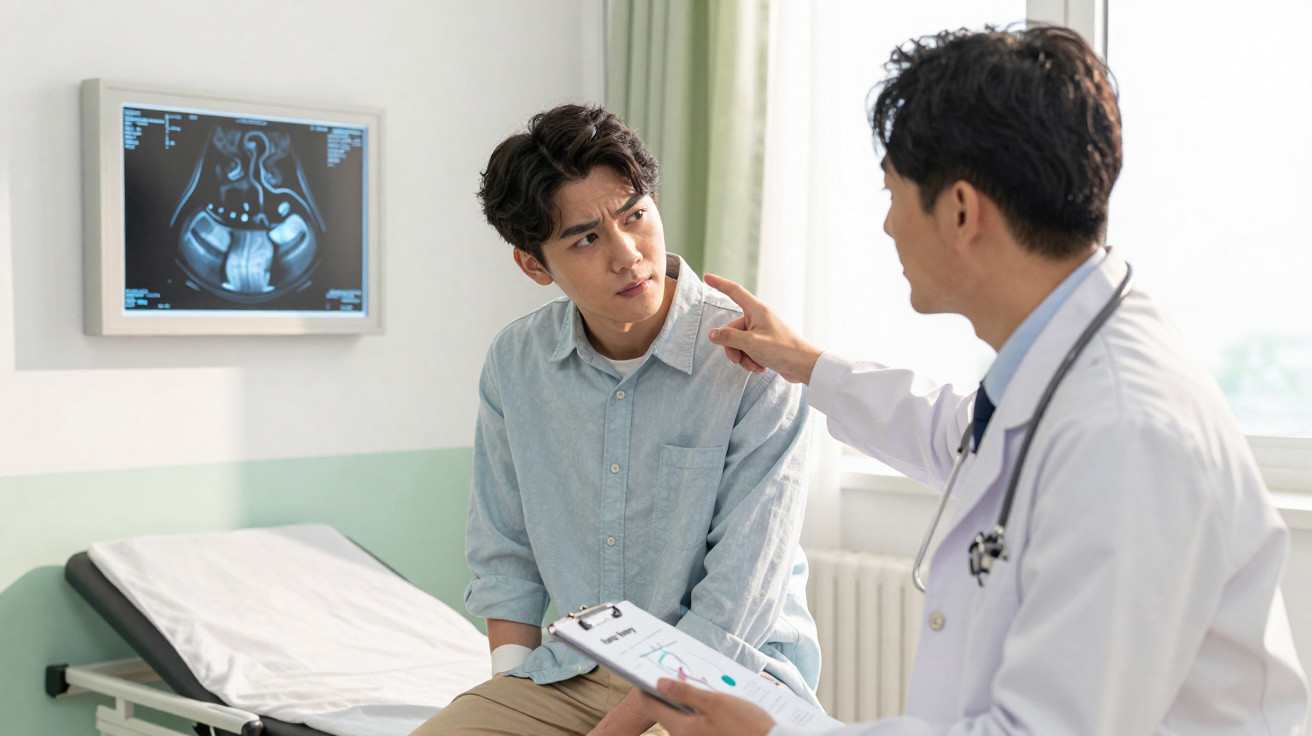 Médico a falar com paciente jovem numa consulta, com raio-X no fundo e luz natural na sala.