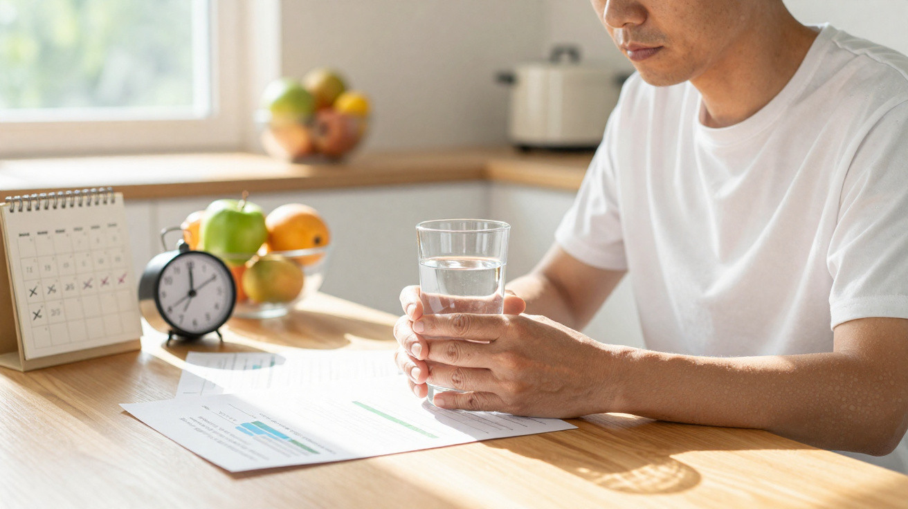 Pessoa segurando copo de água numa mesa com documentos, relógio e frutas ao fundo.