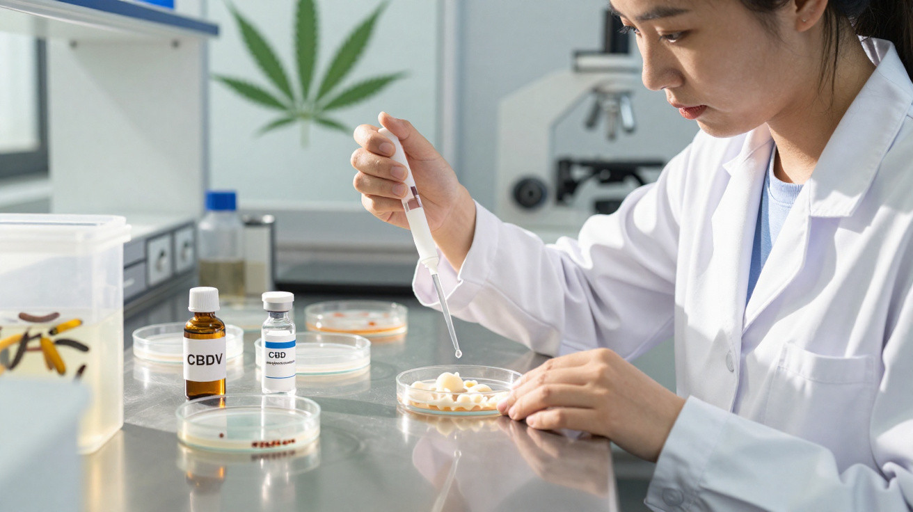 Mulher cientista trabalha com pipeta e placas de Petri num laboratório com frascos de CBDV.