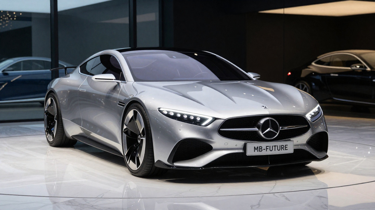 Carro desportivo elétrico Mercedes-Benz prata exposto em ambiente moderno e minimalista.