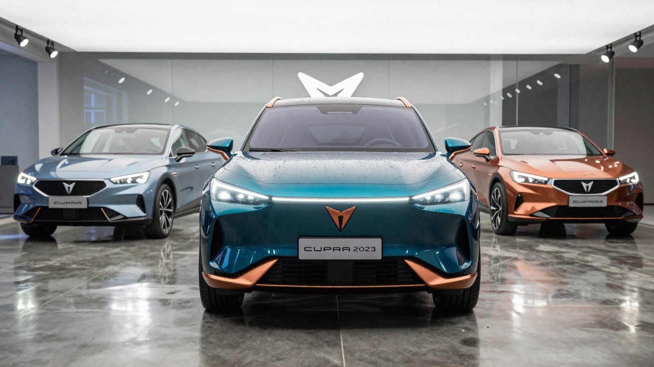 Três carros Cupra 2023, modelo elétrico, expostos num showroom moderno com chão refletor.