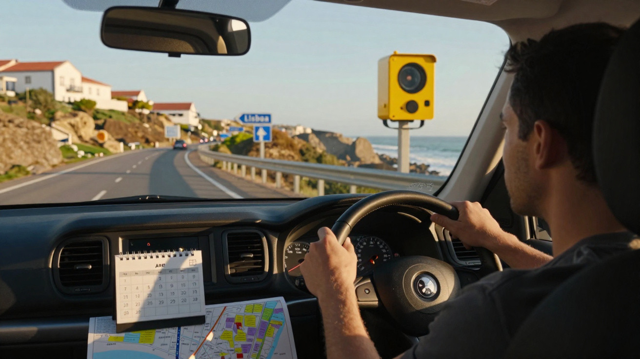 Homem a conduzir à direita com radar amarelo e placa de Lisboa na estrada costeira.