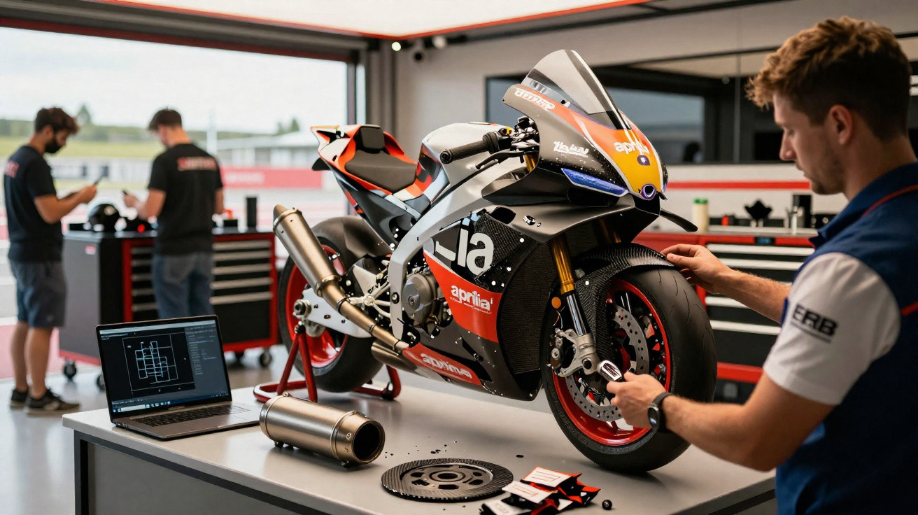 Oficina com moto de corrida Aprilia em manutenção e técnicos a trabalhar e computador com dados técnicos.